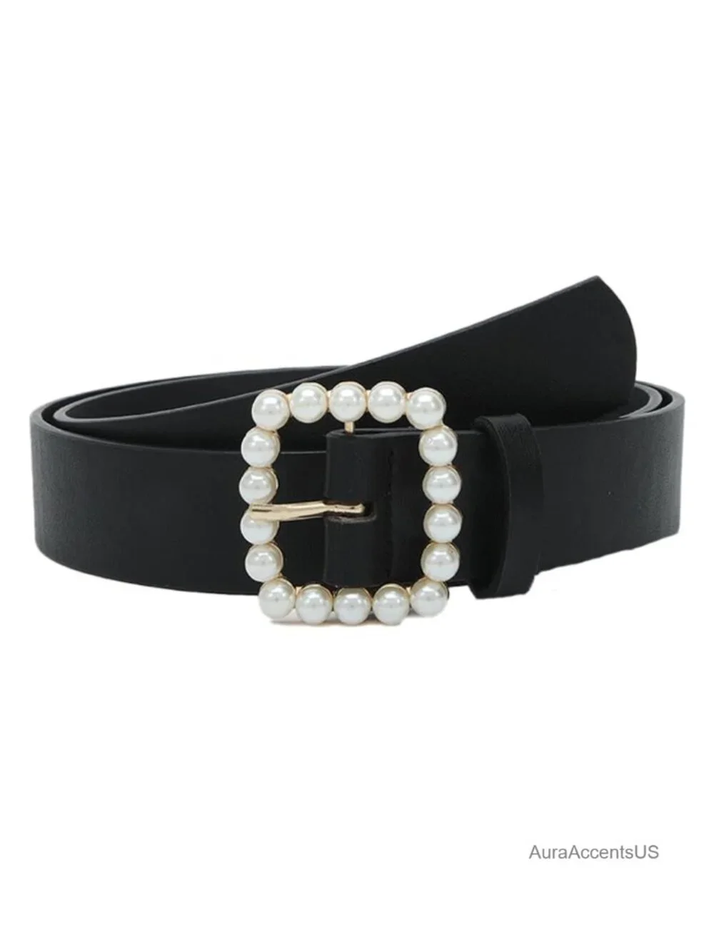 Faux Leather Belt with Pearl Buckle for Jeans Dresses Pants